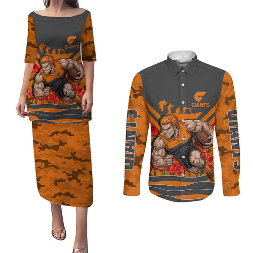 Personalised Greater Western Sydney Giants ANZAC Couples Matching Puletasi and Long Sleeve Button Shirt Military Remembrance Australian Football Mascot Camouflage