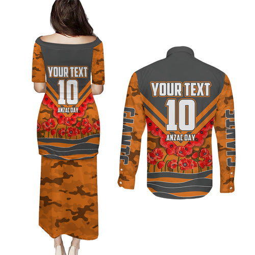 Personalised Greater Western Sydney Giants ANZAC Couples Matching Puletasi and Long Sleeve Button Shirt Military Remembrance Australian Football Mascot Camouflage