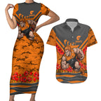 Personalised Greater Western Sydney Giants ANZAC Couples Matching Short Sleeve Bodycon Dress and Hawaiian Shirt Military Remembrance Australian Football Mascot Camouflage