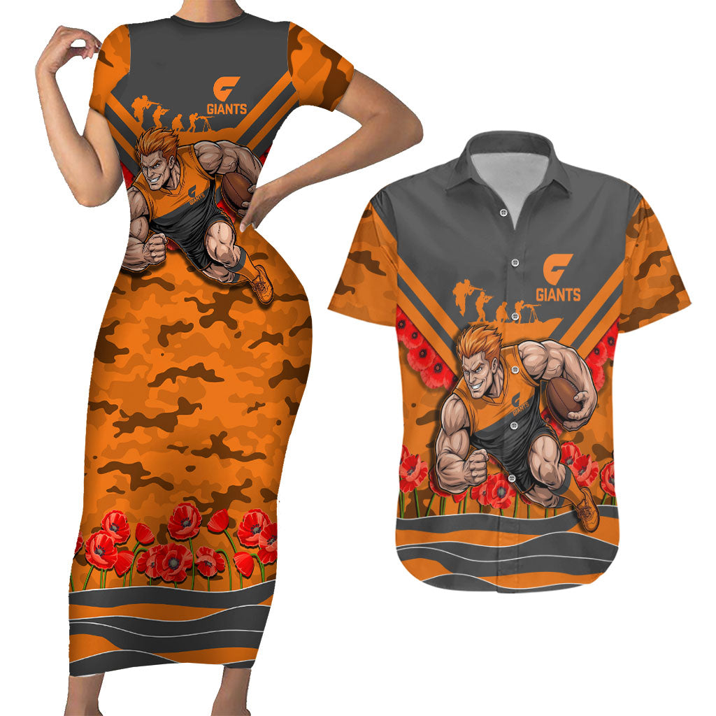 Personalised Greater Western Sydney Giants ANZAC Couples Matching Short Sleeve Bodycon Dress and Hawaiian Shirt Military Remembrance Australian Football Mascot Camouflage
