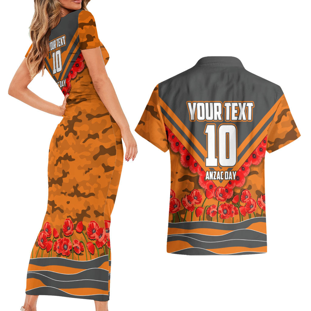 Personalised Greater Western Sydney Giants ANZAC Couples Matching Short Sleeve Bodycon Dress and Hawaiian Shirt Military Remembrance Australian Football Mascot Camouflage