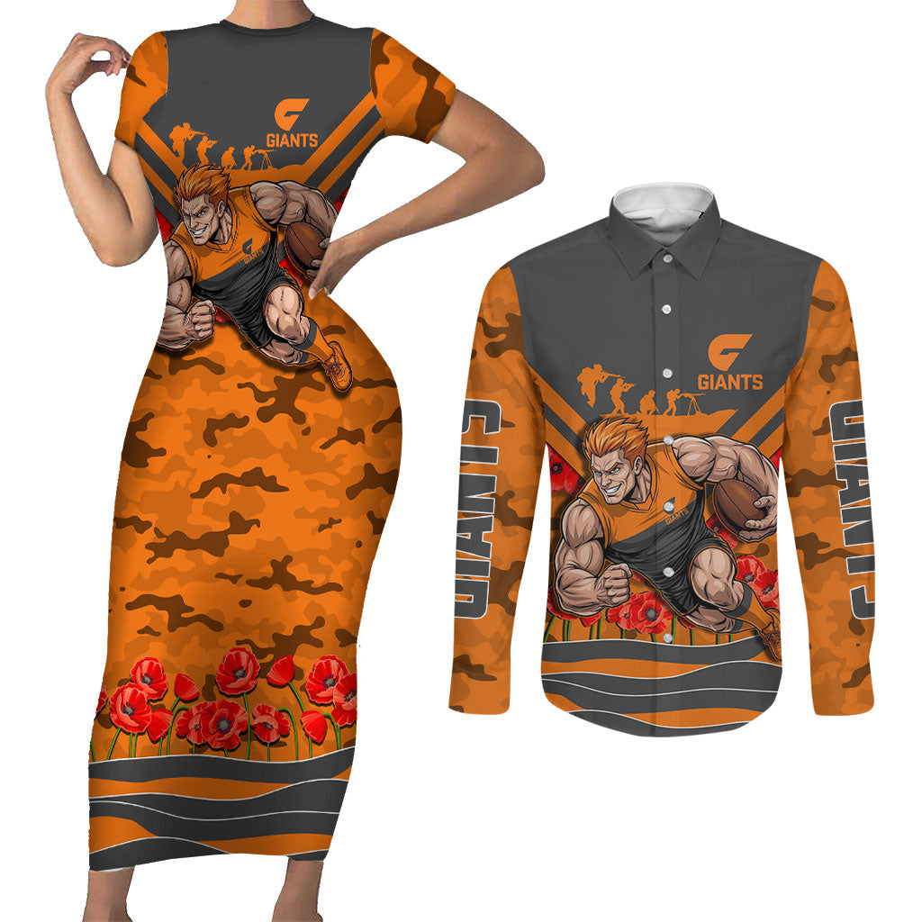 Personalised Greater Western Sydney Giants ANZAC Couples Matching Short Sleeve Bodycon Dress and Long Sleeve Button Shirt Military Remembrance Australian Football Mascot Camouflage
