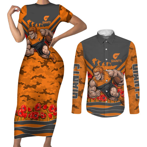 Personalised Greater Western Sydney Giants ANZAC Couples Matching Short Sleeve Bodycon Dress and Long Sleeve Button Shirt Military Remembrance Australian Football Mascot Camouflage