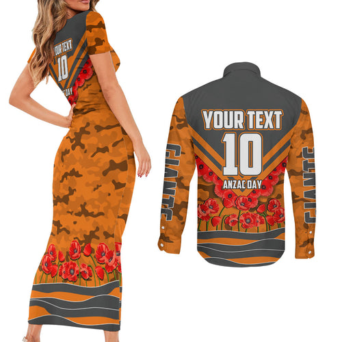 Personalised Greater Western Sydney Giants ANZAC Couples Matching Short Sleeve Bodycon Dress and Long Sleeve Button Shirt Military Remembrance Australian Football Mascot Camouflage