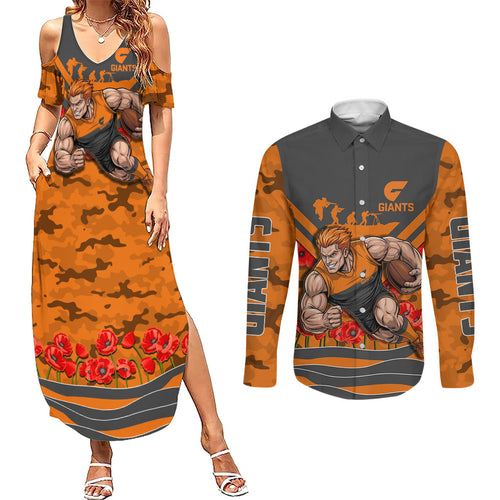 Personalised Greater Western Sydney Giants ANZAC Couples Matching Summer Maxi Dress and Long Sleeve Button Shirt Military Remembrance Australian Football Mascot Camouflage
