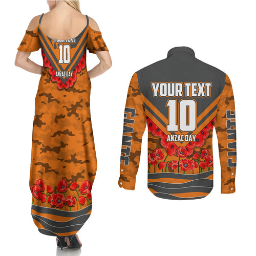 Personalised Greater Western Sydney Giants ANZAC Couples Matching Summer Maxi Dress and Long Sleeve Button Shirt Military Remembrance Australian Football Mascot Camouflage