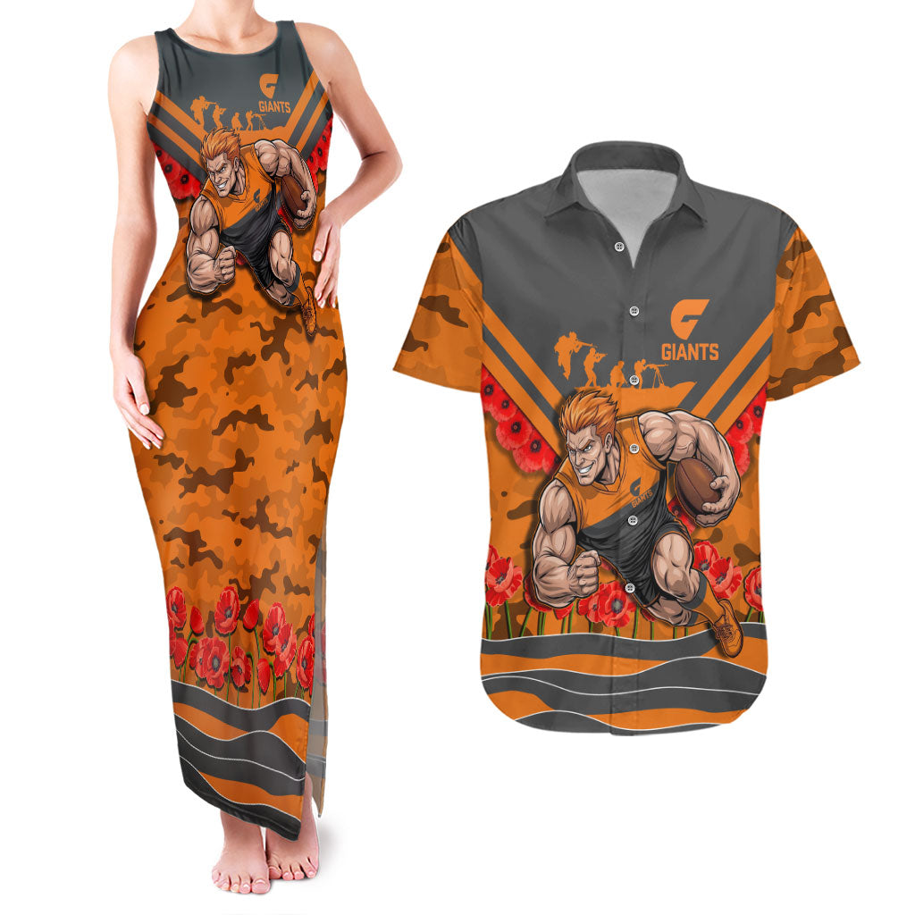 Personalised Greater Western Sydney Giants ANZAC Couples Matching Tank Maxi Dress and Hawaiian Shirt Military Remembrance Australian Football Mascot Camouflage
