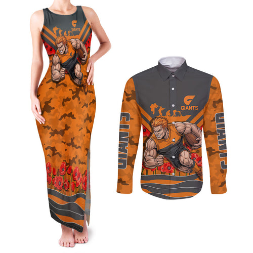 Personalised Greater Western Sydney Giants ANZAC Couples Matching Tank Maxi Dress and Long Sleeve Button Shirt Military Remembrance Australian Football Mascot Camouflage