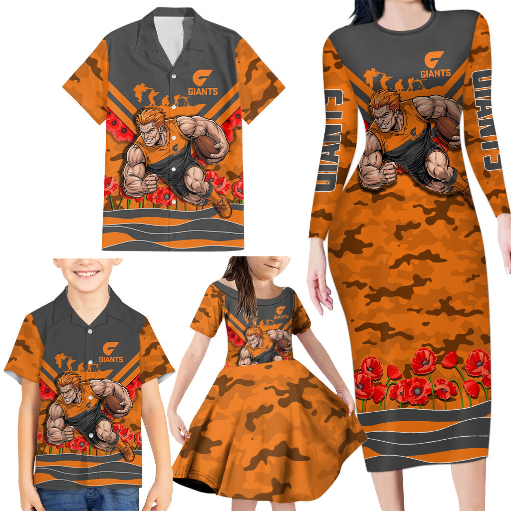 Personalised Greater Western Sydney Giants ANZAC Family Matching Long Sleeve Bodycon Dress and Hawaiian Shirt Military Remembrance Australian Football Mascot Camouflage