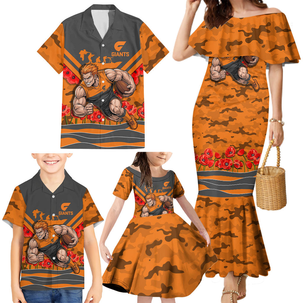 Personalised Greater Western Sydney Giants ANZAC Family Matching Mermaid Dress and Hawaiian Shirt Military Remembrance Australian Football Mascot Camouflage
