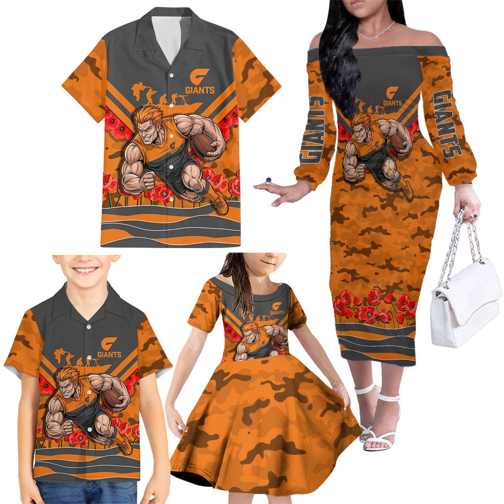 Personalised Greater Western Sydney Giants ANZAC Family Matching Off The Shoulder Long Sleeve Dress and Hawaiian Shirt Military Remembrance Australian Football Mascot Camouflage