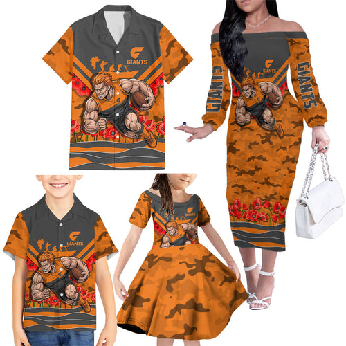 Personalised Greater Western Sydney Giants ANZAC Family Matching Off The Shoulder Long Sleeve Dress and Hawaiian Shirt Military Remembrance Australian Football Mascot Camouflage