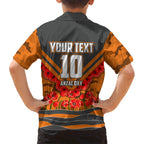 Personalised Greater Western Sydney Giants ANZAC Family Matching Off The Shoulder Long Sleeve Dress and Hawaiian Shirt Military Remembrance Australian Football Mascot Camouflage