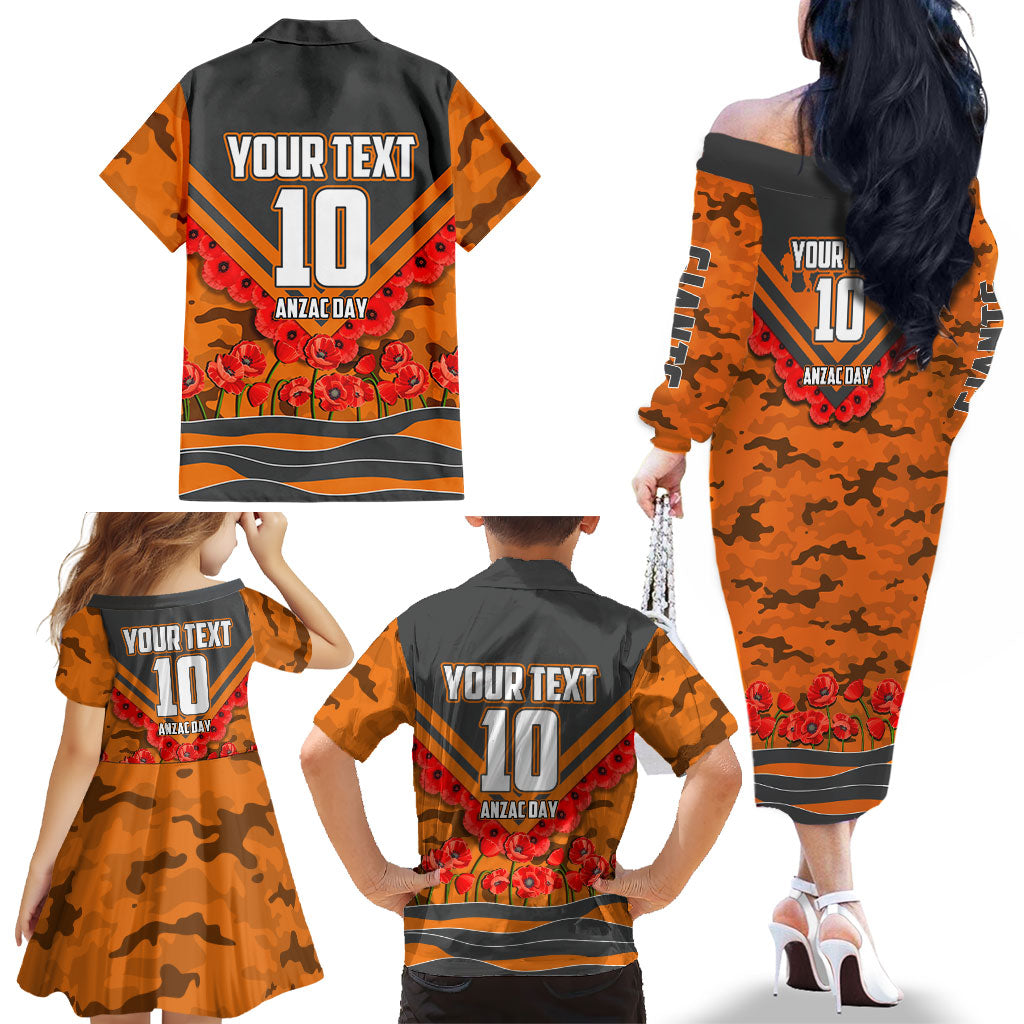 Personalised Greater Western Sydney Giants ANZAC Family Matching Off The Shoulder Long Sleeve Dress and Hawaiian Shirt Military Remembrance Australian Football Mascot Camouflage