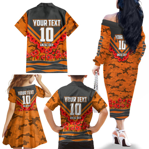 Personalised Greater Western Sydney Giants ANZAC Family Matching Off The Shoulder Long Sleeve Dress and Hawaiian Shirt Military Remembrance Australian Football Mascot Camouflage
