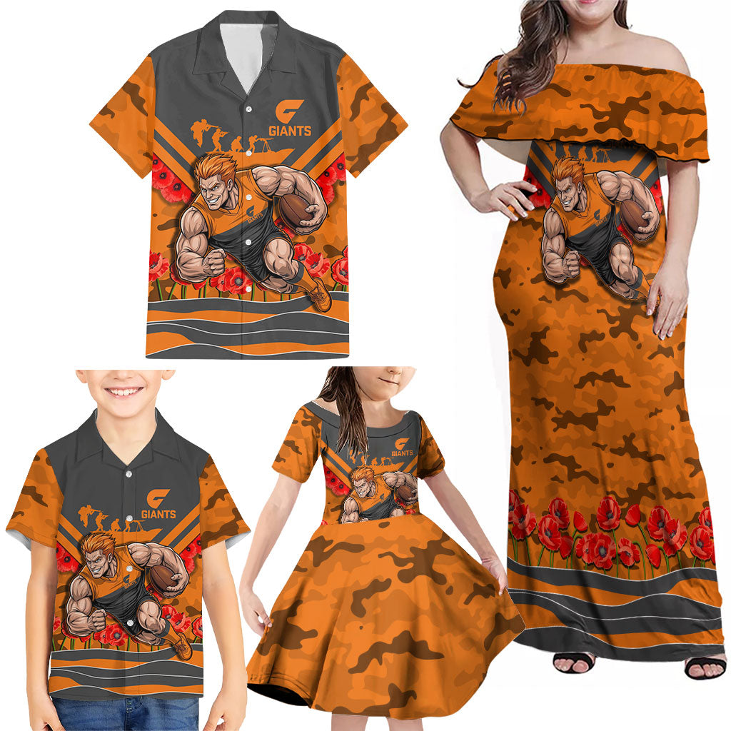 Personalised Greater Western Sydney Giants ANZAC Family Matching Off Shoulder Maxi Dress and Hawaiian Shirt Military Remembrance Australian Football Mascot Camouflage