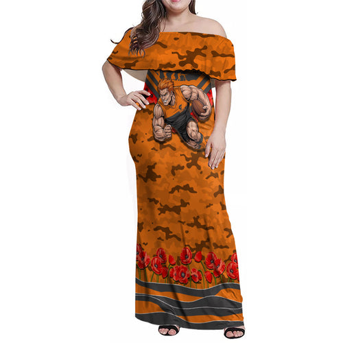Personalised Greater Western Sydney Giants ANZAC Family Matching Off Shoulder Maxi Dress and Hawaiian Shirt Military Remembrance Australian Football Mascot Camouflage