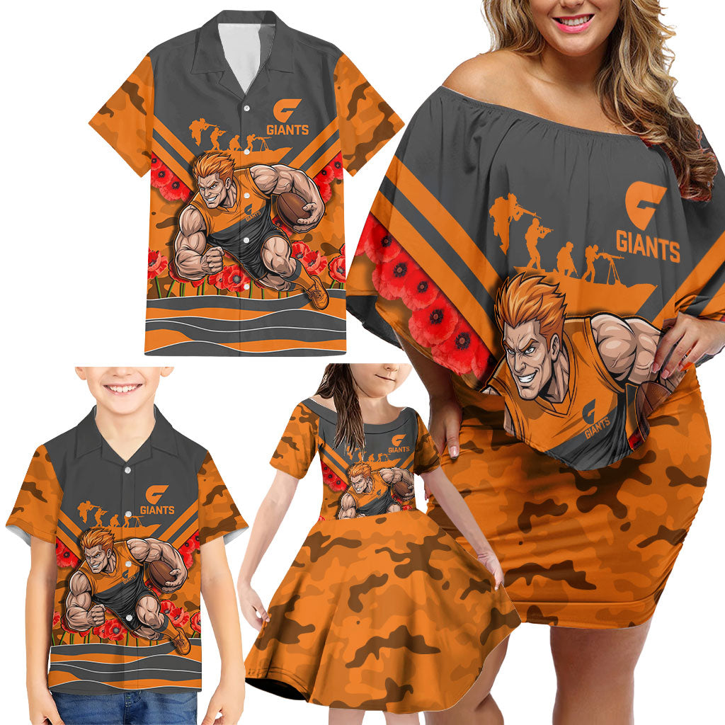 Personalised Greater Western Sydney Giants ANZAC Family Matching Off Shoulder Short Dress and Hawaiian Shirt Military Remembrance Australian Football Mascot Camouflage