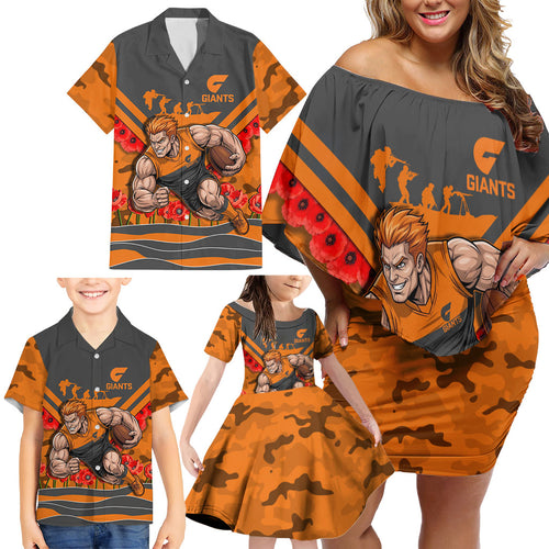 Personalised Greater Western Sydney Giants ANZAC Family Matching Off Shoulder Short Dress and Hawaiian Shirt Military Remembrance Australian Football Mascot Camouflage
