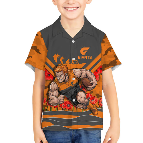 Personalised Greater Western Sydney Giants ANZAC Family Matching Off Shoulder Short Dress and Hawaiian Shirt Military Remembrance Australian Football Mascot Camouflage