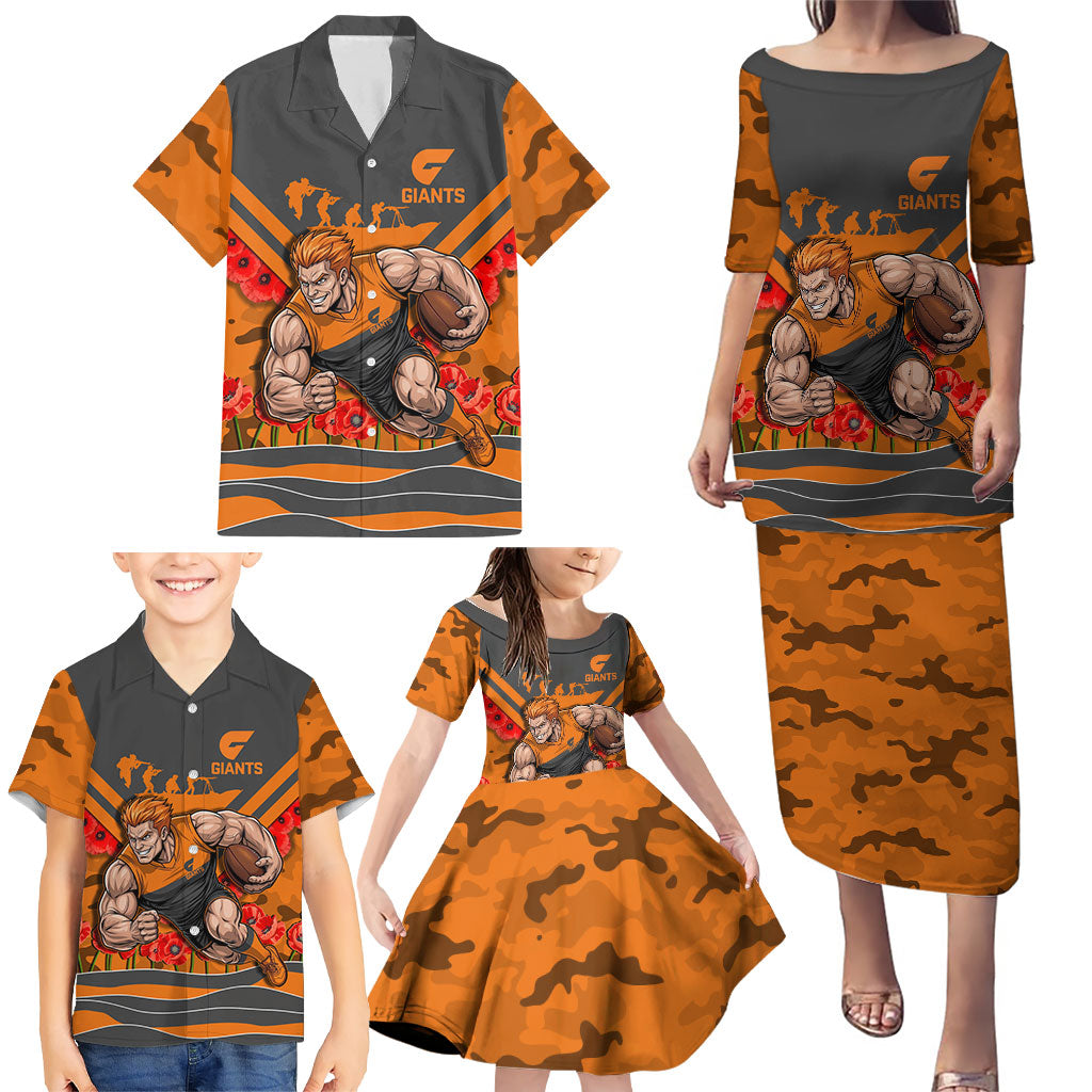 Personalised Greater Western Sydney Giants ANZAC Family Matching Puletasi and Hawaiian Shirt Military Remembrance Australian Football Mascot Camouflage