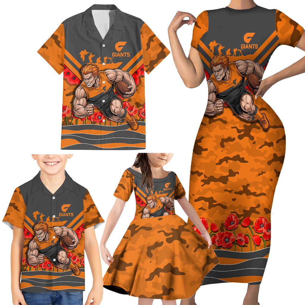 Personalised Greater Western Sydney Giants ANZAC Family Matching Short Sleeve Bodycon Dress and Hawaiian Shirt Military Remembrance Australian Football Mascot Camouflage