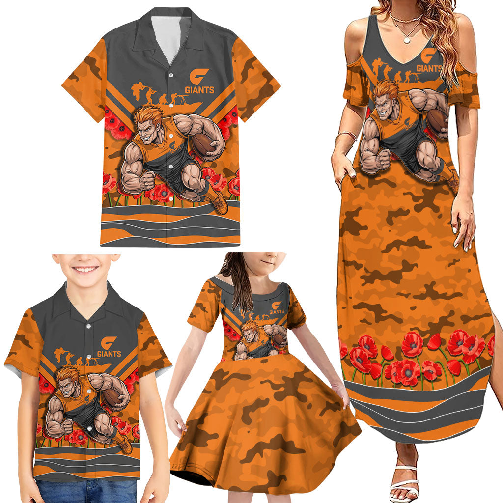Personalised Greater Western Sydney Giants ANZAC Family Matching Summer Maxi Dress and Hawaiian Shirt Military Remembrance Australian Football Mascot Camouflage
