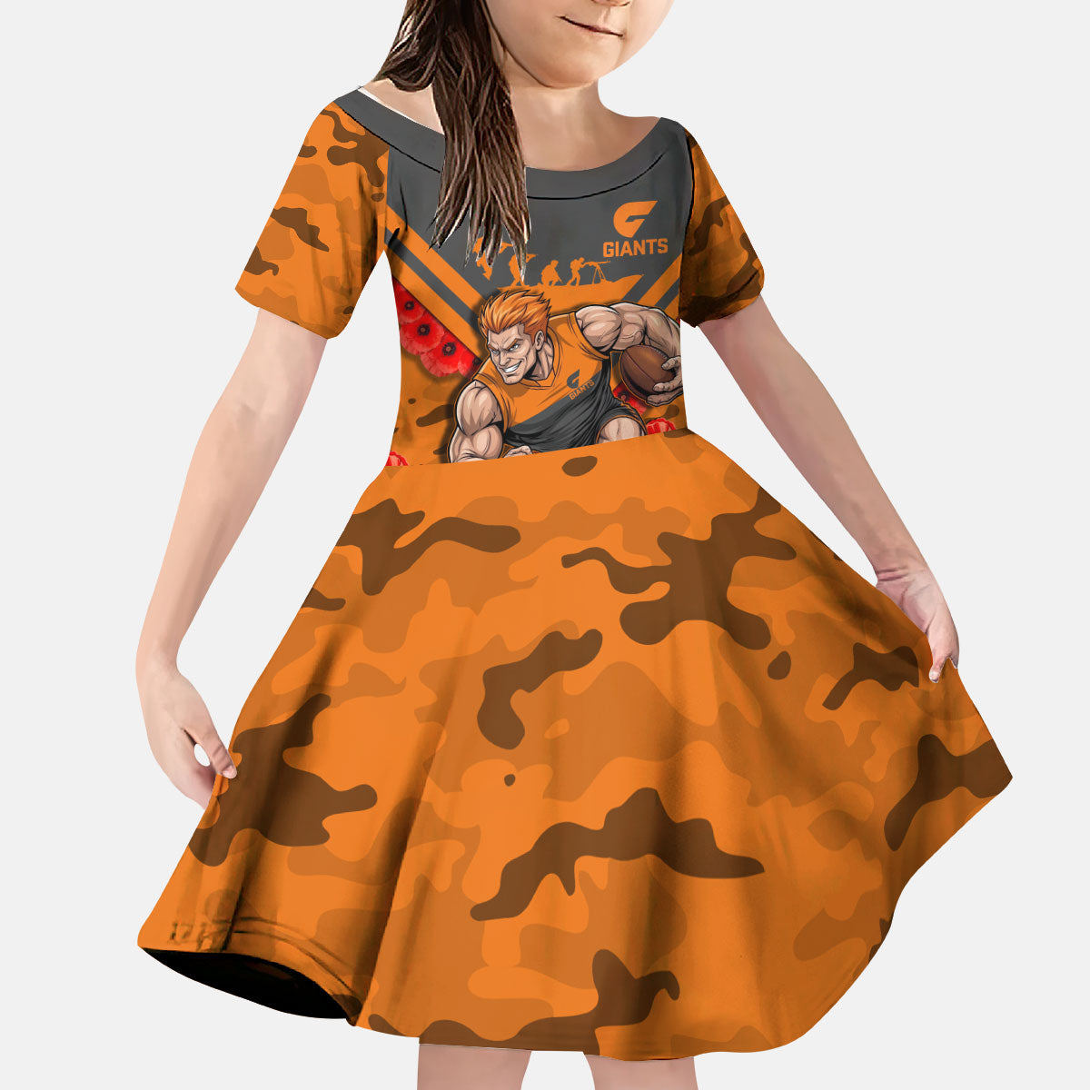 Personalised Greater Western Sydney Giants ANZAC Kid Short Sleeve Dress Military Remembrance Australian Football Mascot Camouflage