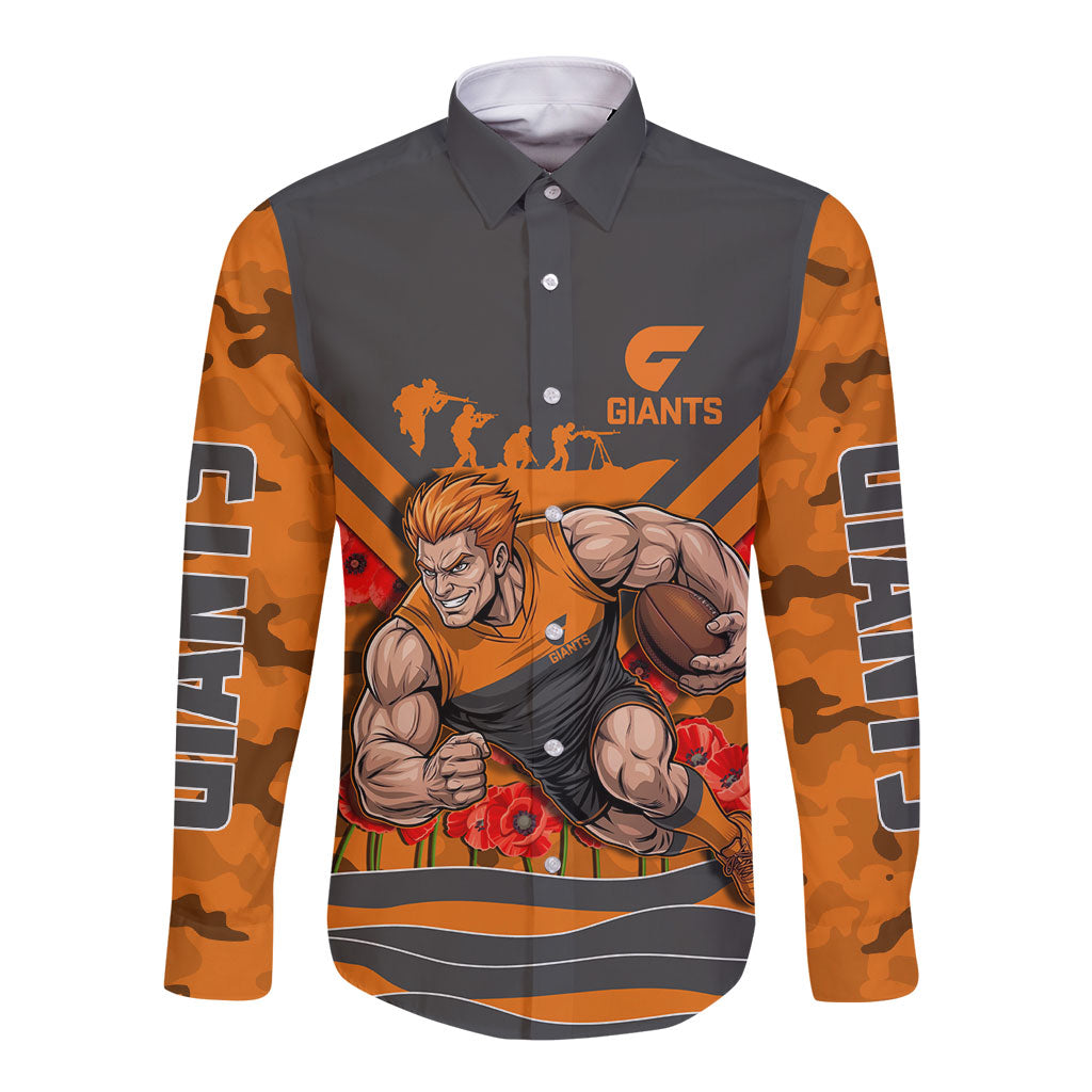 Personalised Greater Western Sydney Giants ANZAC Long Sleeve Button Shirt Military Remembrance Australian Football Mascot Camouflage