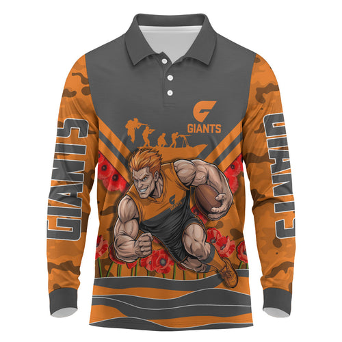 Personalised Greater Western Sydney Giants ANZAC Long Sleeve Polo Shirt Military Remembrance Australian Football Mascot Camouflage