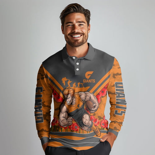 Personalised Greater Western Sydney Giants ANZAC Long Sleeve Polo Shirt Military Remembrance Australian Football Mascot Camouflage
