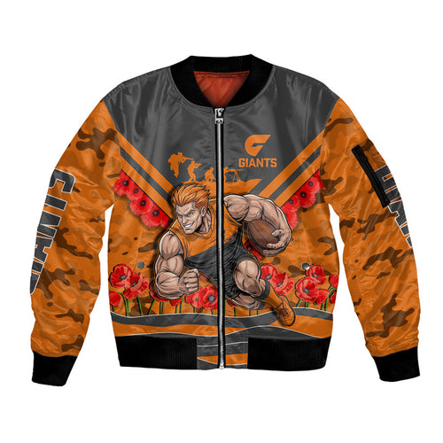 Personalised Greater Western Sydney Giants ANZAC Sleeve Zip Bomber Jacket Military Remembrance Australian Football Mascot Camouflage