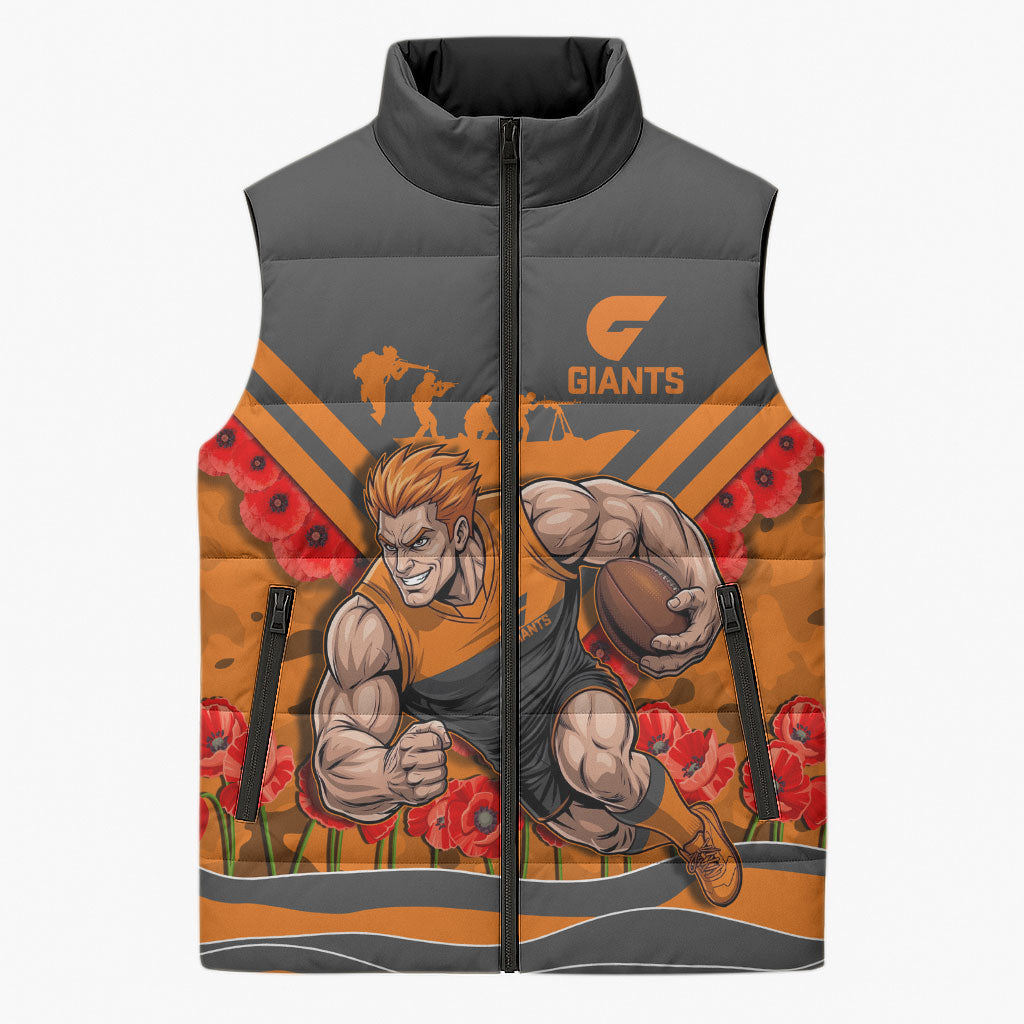 Personalised Greater Western Sydney Giants ANZAC Sleeveless Puffer Jacket Military Remembrance Australian Football Mascot Camouflage