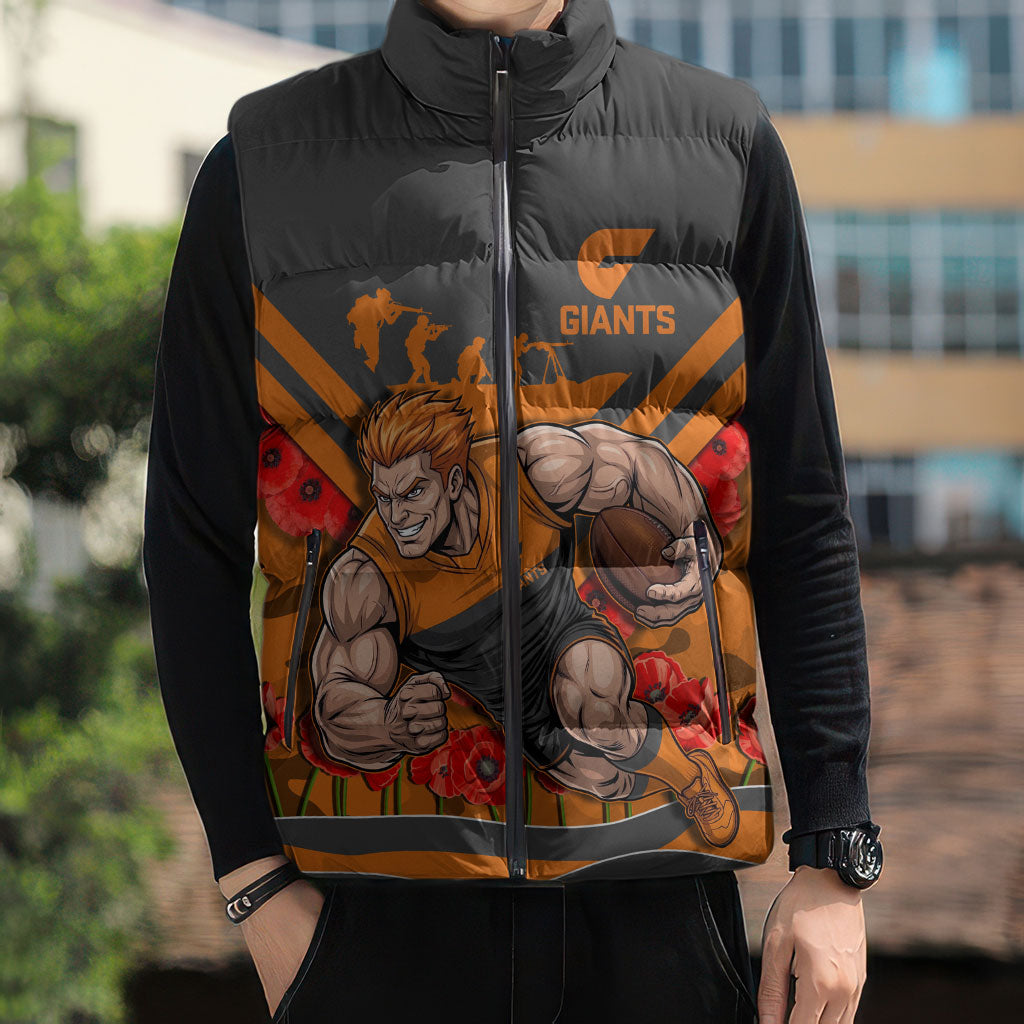 Personalised Greater Western Sydney Giants ANZAC Sleeveless Puffer Jacket Military Remembrance Australian Football Mascot Camouflage