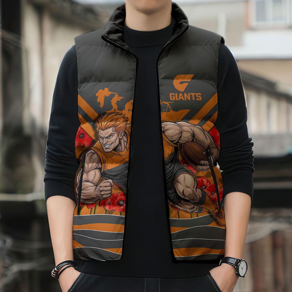 Personalised Greater Western Sydney Giants ANZAC Sleeveless Puffer Jacket Military Remembrance Australian Football Mascot Camouflage