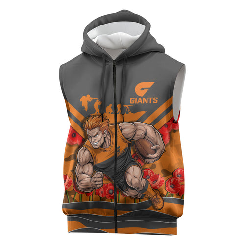 Personalised Greater Western Sydney Giants ANZAC Sleeveless Zip Hoodie Military Remembrance Australian Football Mascot Camouflage
