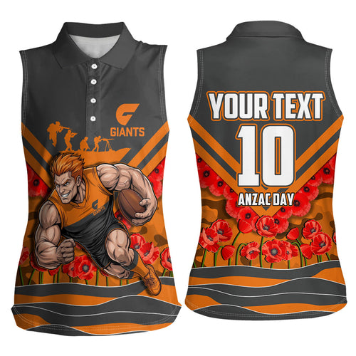 Personalised Greater Western Sydney Giants ANZAC Women Sleeveless Polo Shirt Military Remembrance Australian Football Mascot Camouflage