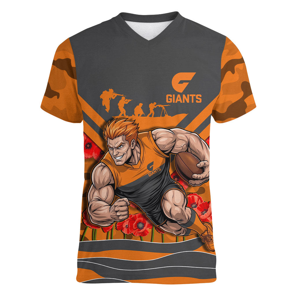 Personalised Greater Western Sydney Giants ANZAC Women V-Neck T-Shirt Military Remembrance Australian Football Mascot Camouflage