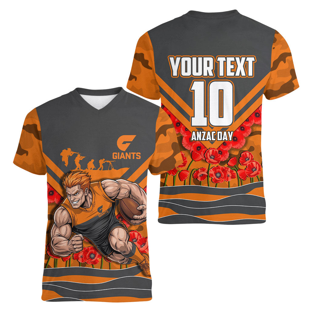 Personalised Greater Western Sydney Giants ANZAC Women V-Neck T-Shirt Military Remembrance Australian Football Mascot Camouflage