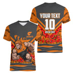 Personalised Greater Western Sydney Giants ANZAC Women V-Neck T-Shirt Military Remembrance Australian Football Mascot Camouflage