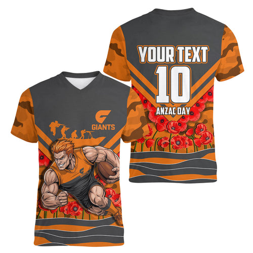 Personalised Greater Western Sydney Giants ANZAC Women V-Neck T-Shirt Military Remembrance Australian Football Mascot Camouflage