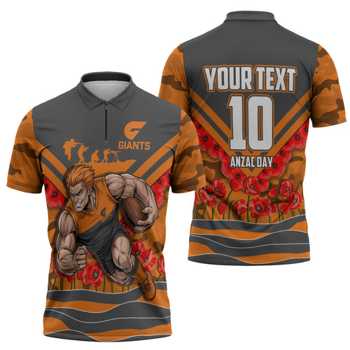 Personalised Greater Western Sydney Giants ANZAC Zipper Polo Shirt Military Remembrance Australian Football Mascot Camouflage