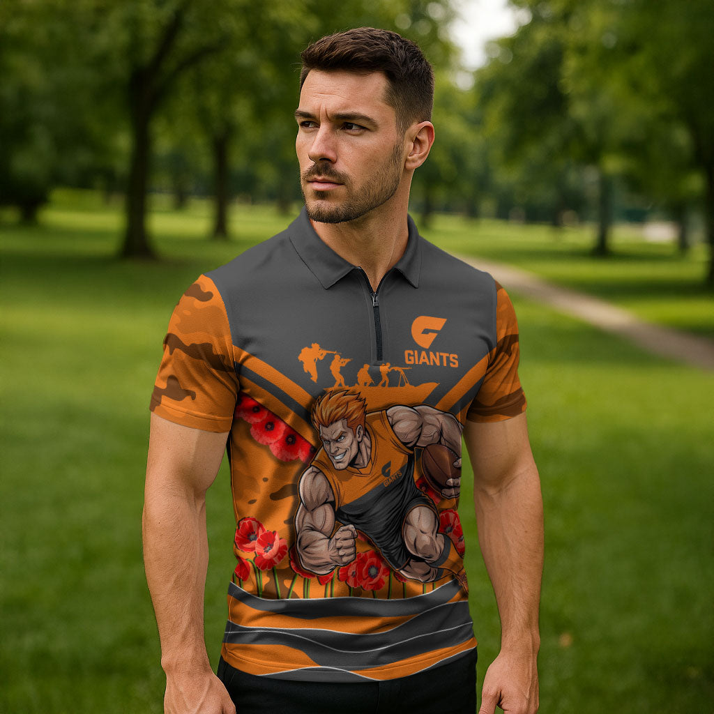 Personalised Greater Western Sydney Giants ANZAC Zipper Polo Shirt Military Remembrance Australian Football Mascot Camouflage