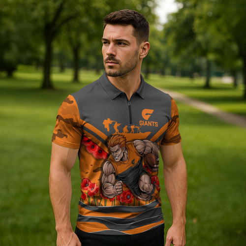 Personalised Greater Western Sydney Giants ANZAC Zipper Polo Shirt Military Remembrance Australian Football Mascot Camouflage