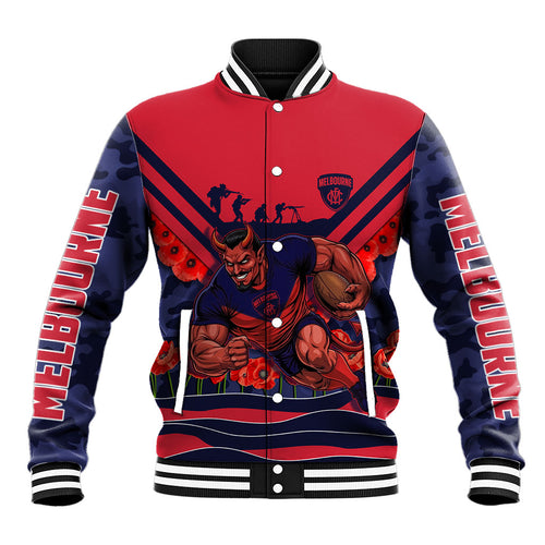 Personalised Melbourne Demons ANZAC Baseball Jacket Military Remembrance Australian Football Mascot Camouflage