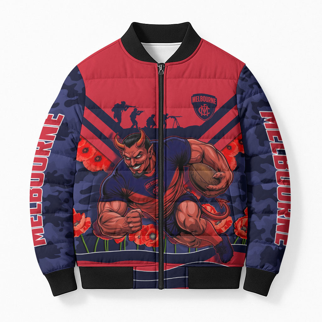 Personalised Melbourne Demons ANZAC Bomber Puffer Jacket Military Remembrance Australian Football Mascot Camouflage