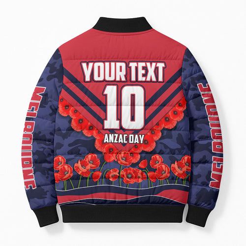 Personalised Melbourne Demons ANZAC Bomber Puffer Jacket Military Remembrance Australian Football Mascot Camouflage