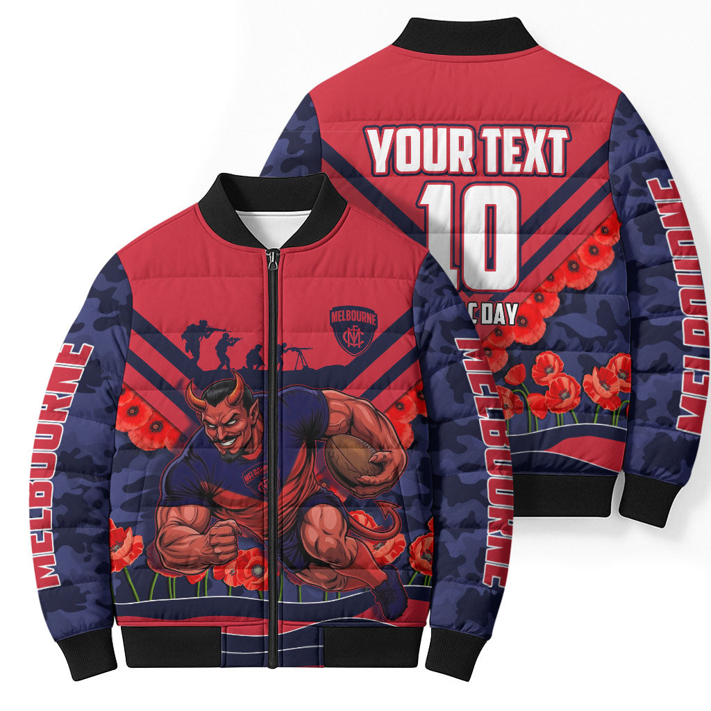 Personalised Melbourne Demons ANZAC Bomber Puffer Jacket Military Remembrance Australian Football Mascot Camouflage