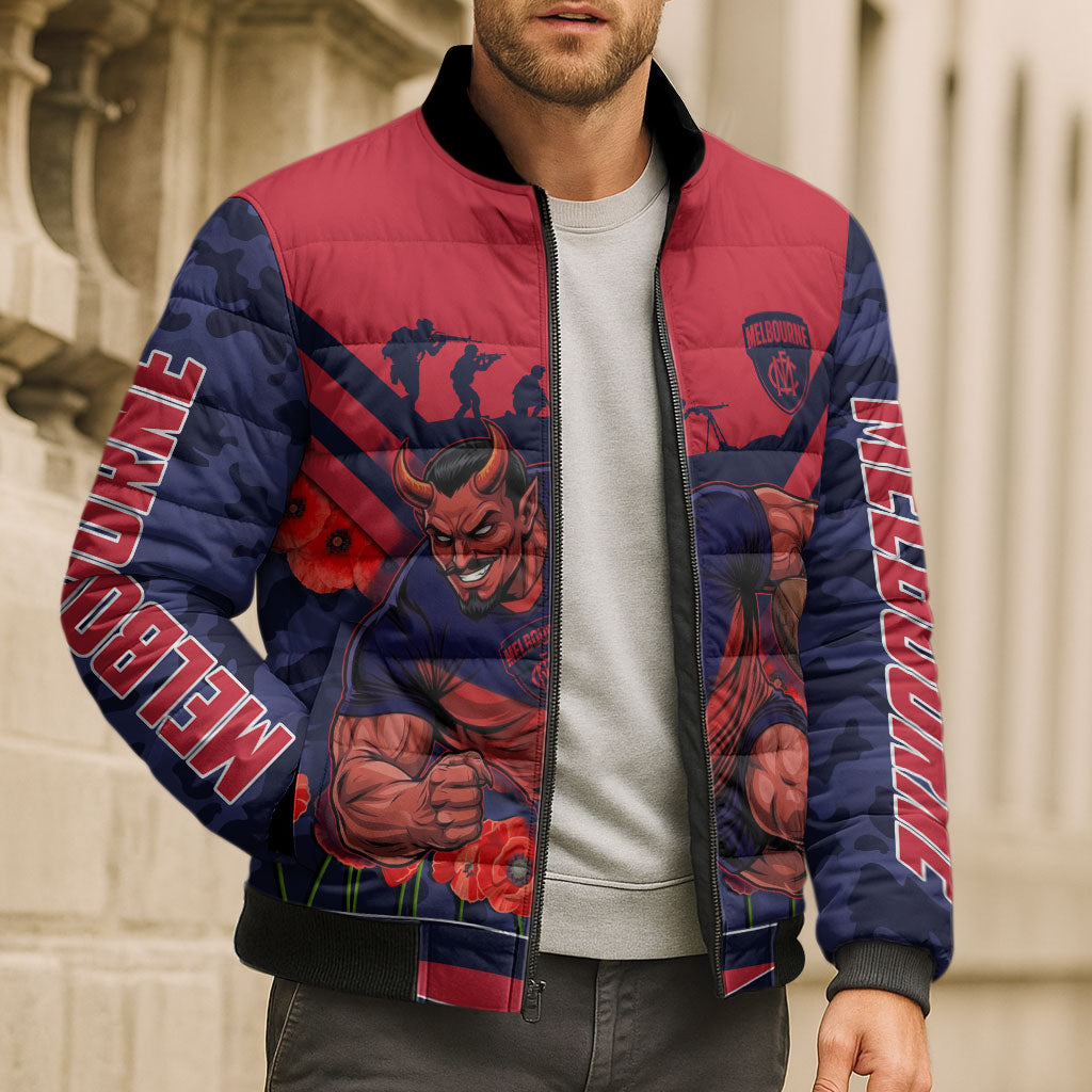 Personalised Melbourne Demons ANZAC Bomber Puffer Jacket Military Remembrance Australian Football Mascot Camouflage