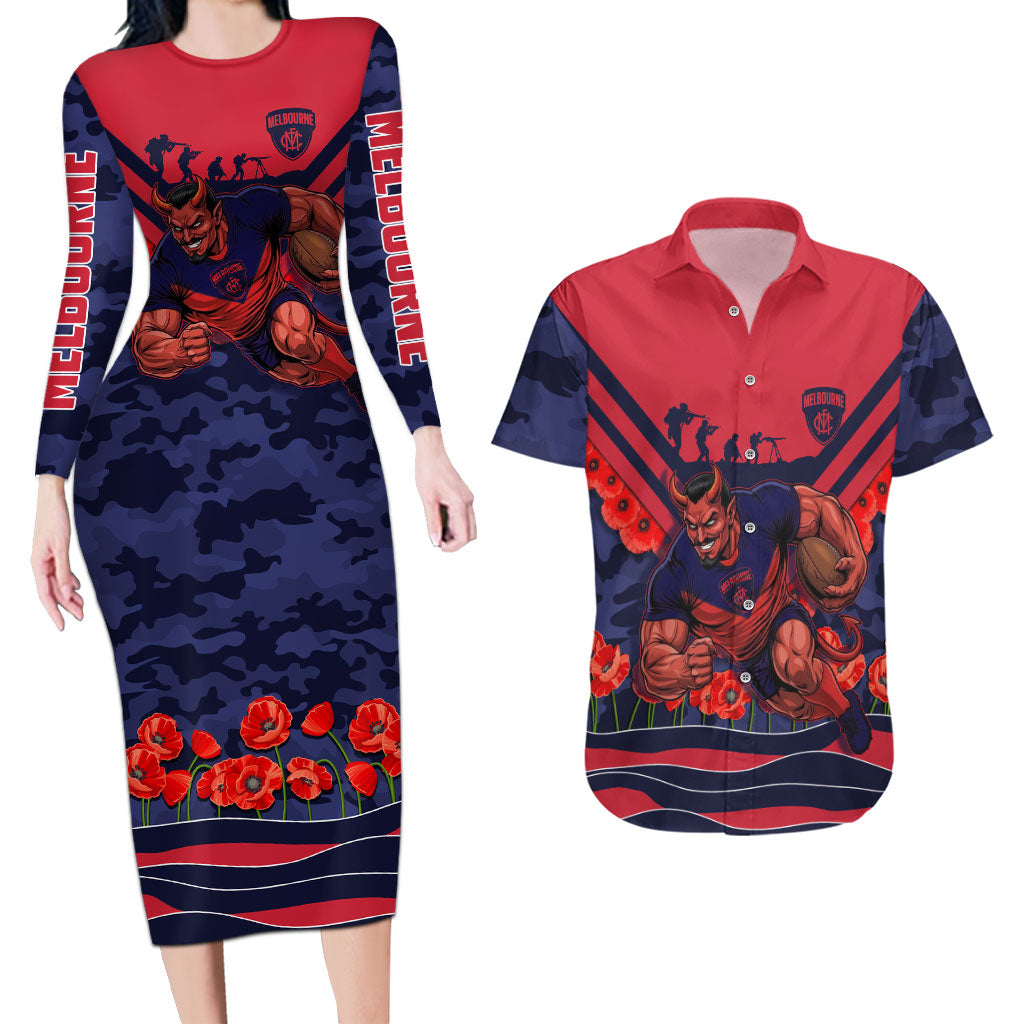 Personalised Melbourne Demons ANZAC Couples Matching Long Sleeve Bodycon Dress and Hawaiian Shirt Military Remembrance Australian Football Mascot Camouflage
